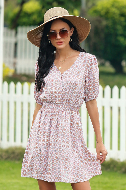 Printed V-neckline Tie Waist Dress