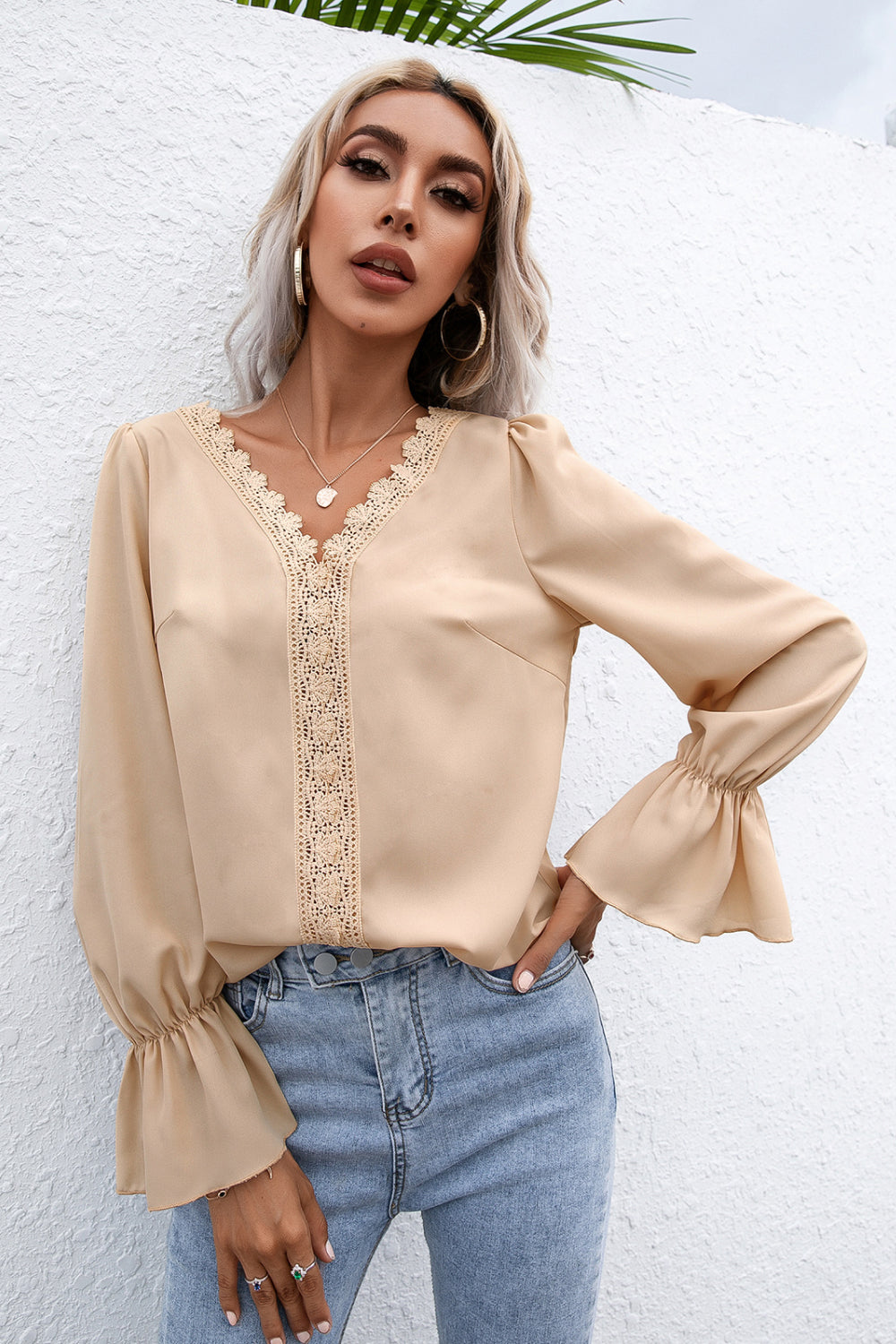 Lace Trim Flounce Sleeve Blouse - Absolute Fashion 2020