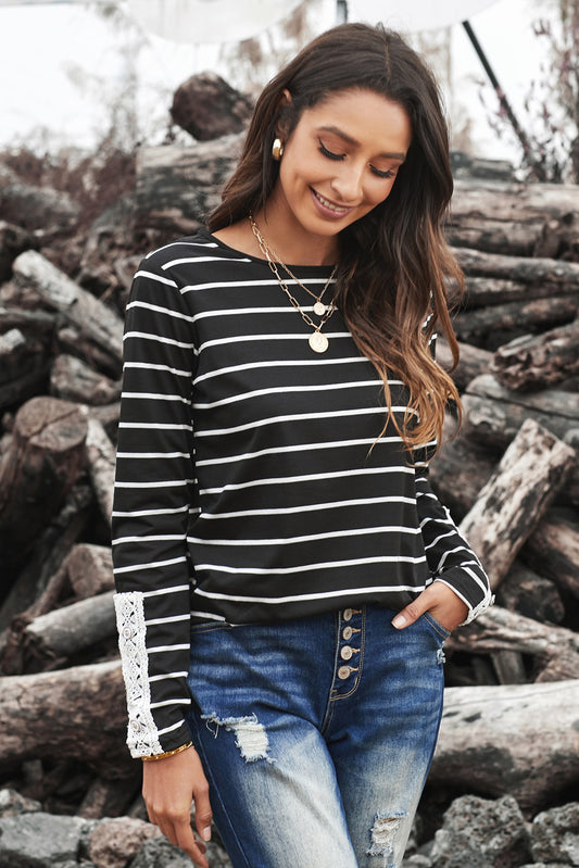 Striped Lace Button Detail Top - Absolute Fashion 2020