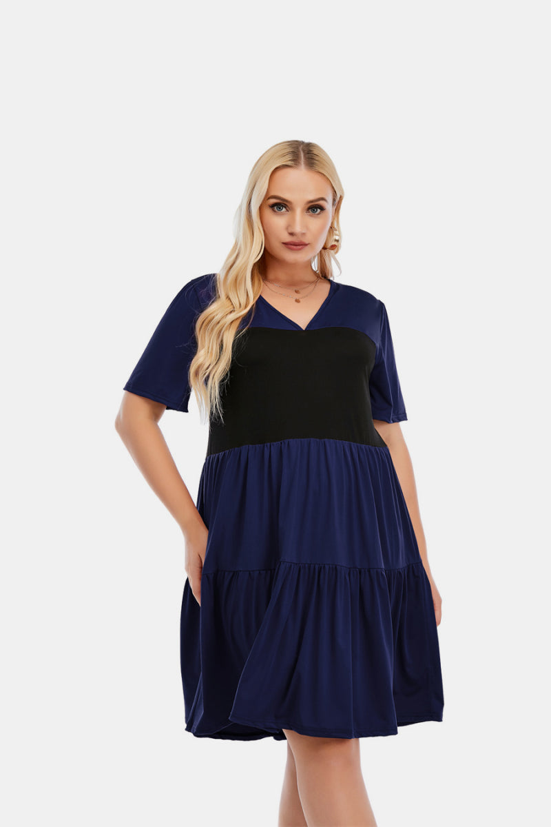 V Neck Short Sleeve Tiered Ruffle Hem Dress - Absolute Fashion 2020
