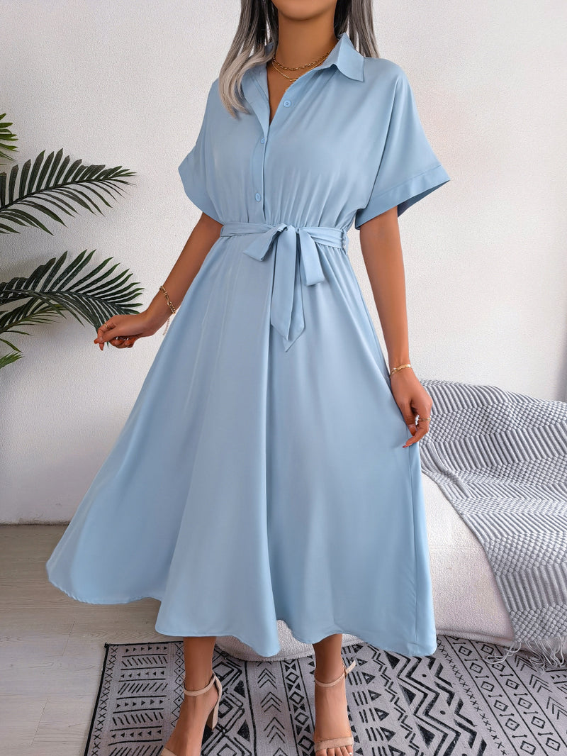 Short Sleeve Collared Tie Belt Dress - Absolute fashion 2020