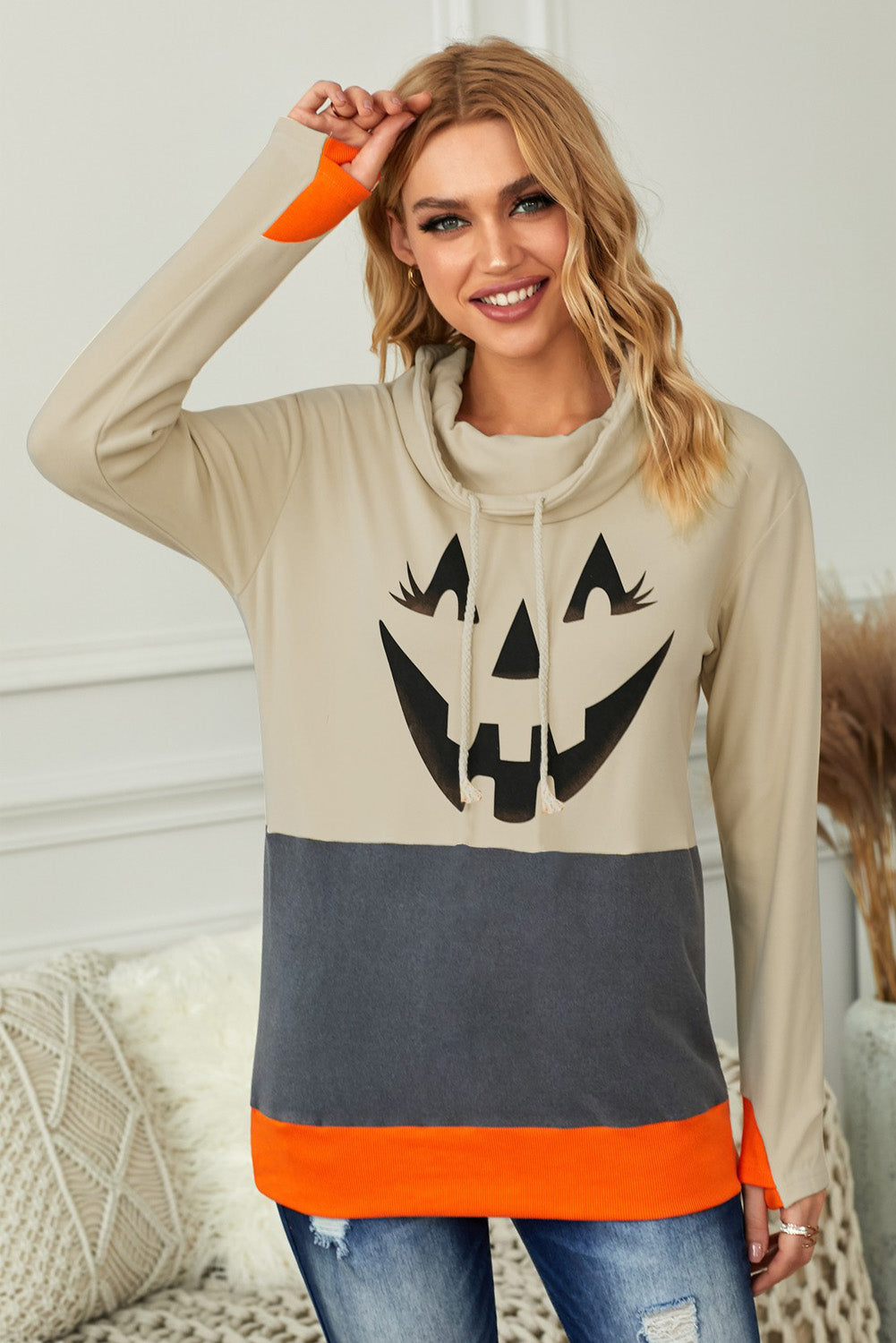 Halloween Print Color Block Drawstring Sweatshirt - Absolute Fashion 2020