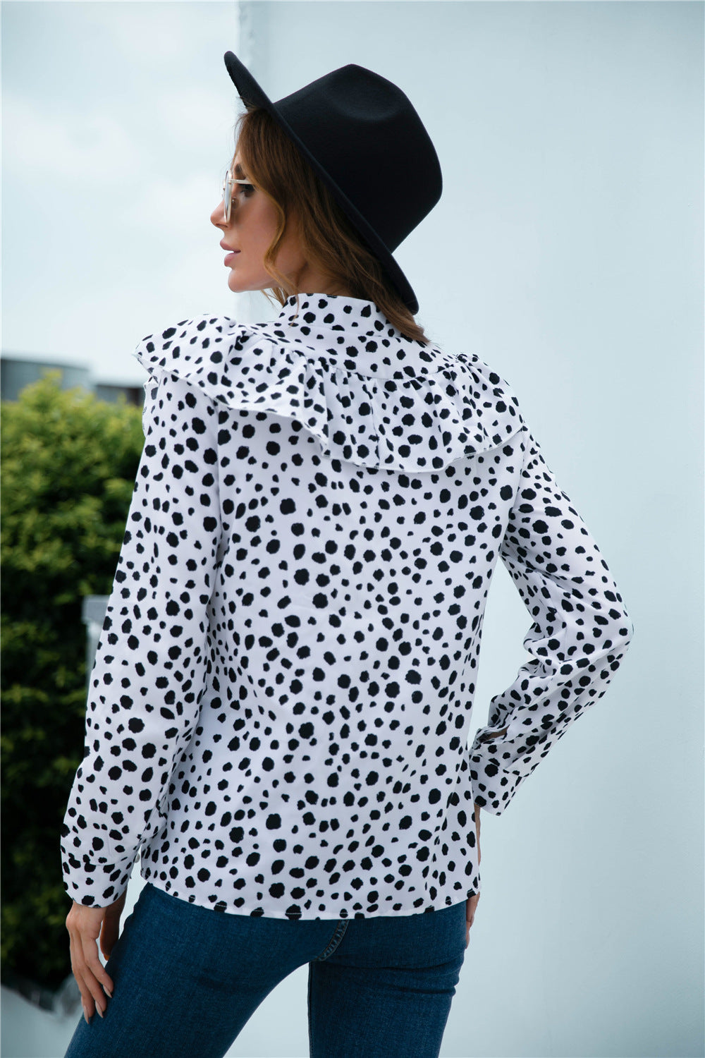 Frill Trim Buttoned Stand Collar Blouse - Absolute Fashion 2020