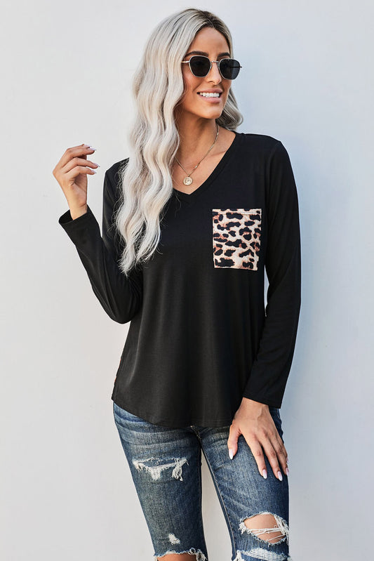 Contrast Leopard V-Neck Pocket Blouse - Absolute Fashion 2020