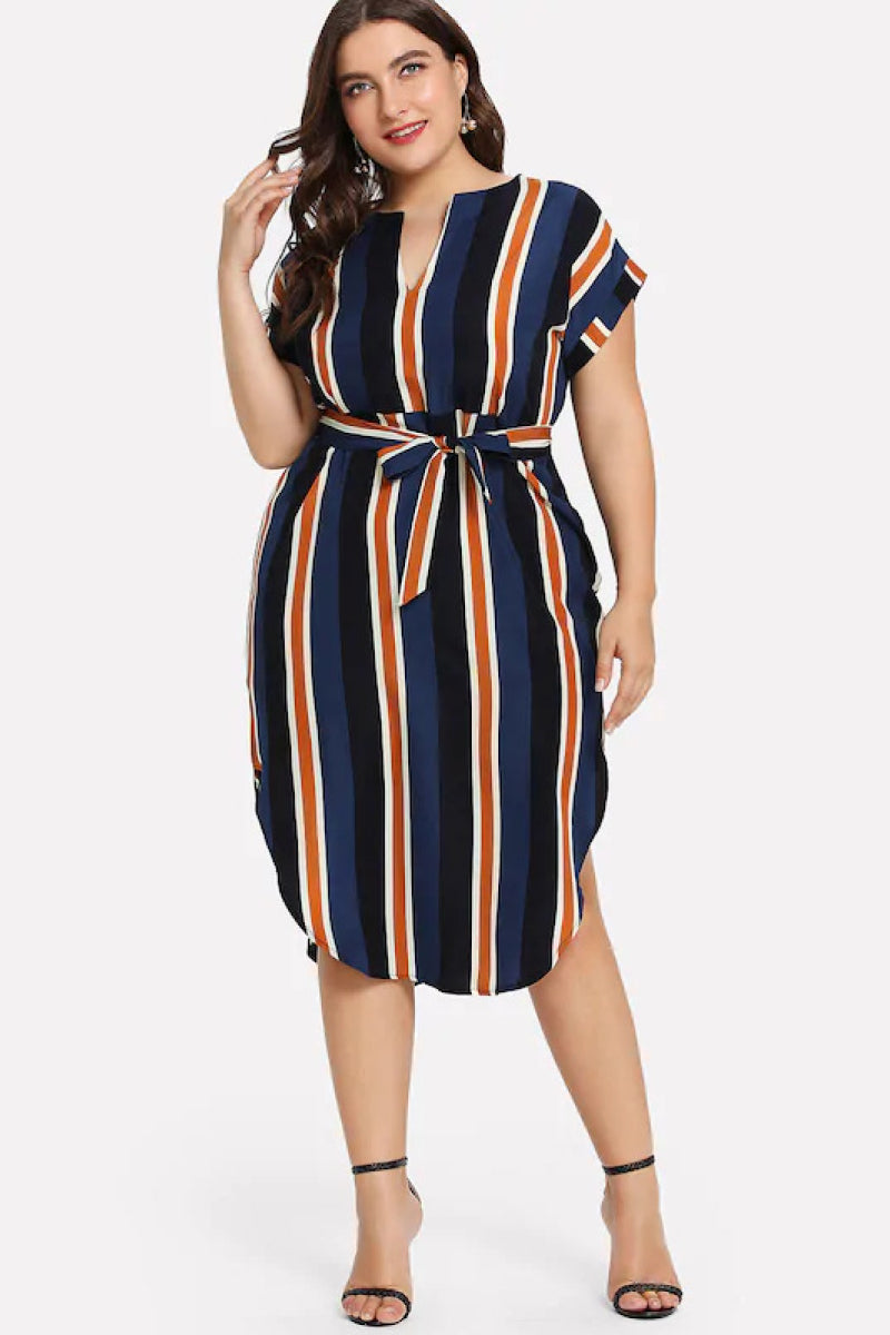 Striped V Neck Short Sleeve Belted Dress - Absolute Fashion 2020