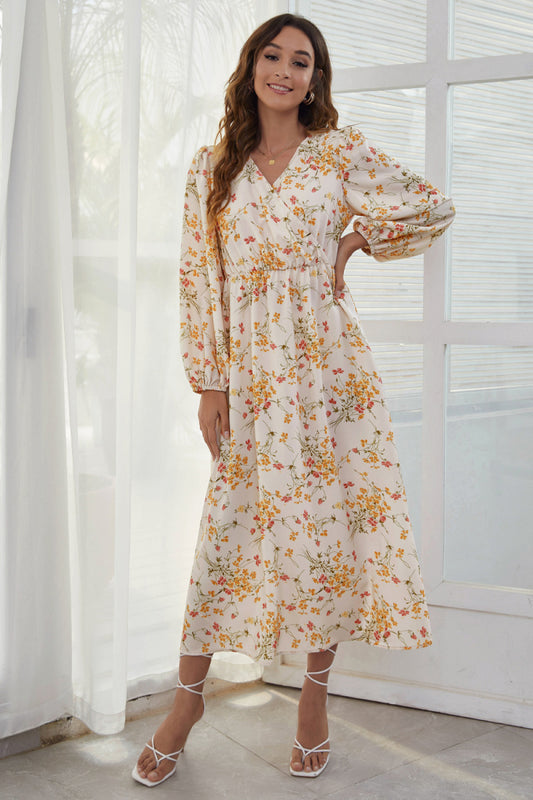 Floral V-Neck Elastic Waist Dress
