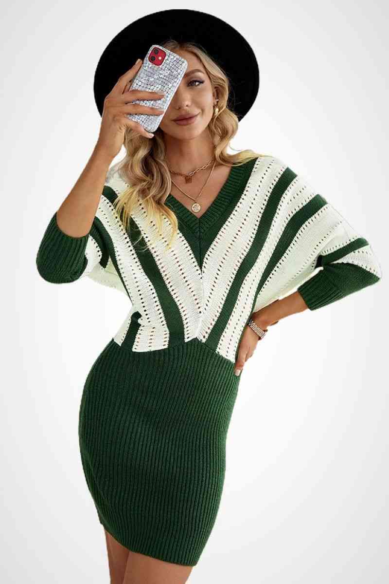 Color Block Striped Wrap Sweater Dress - Absolute Fashion 2020