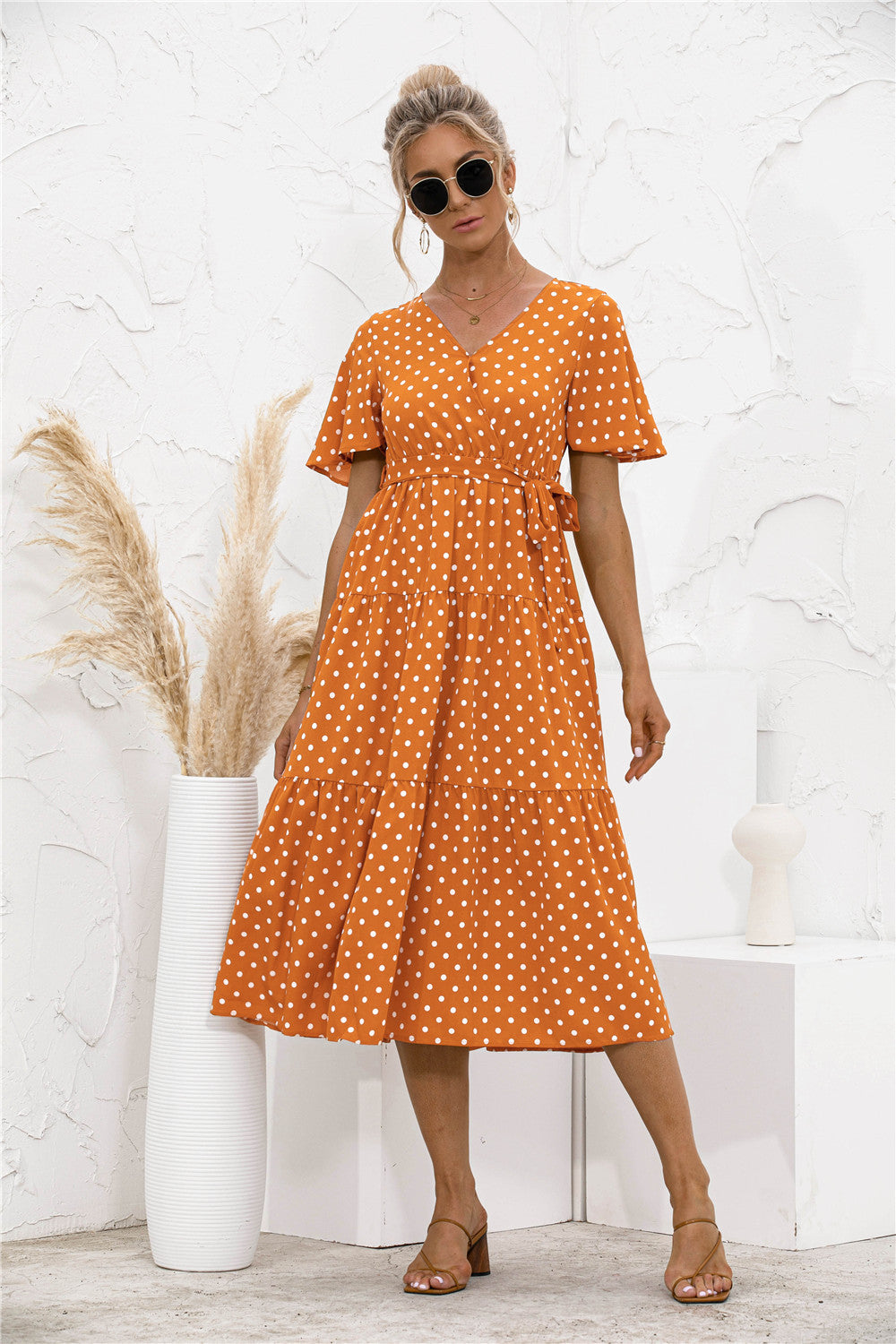 Polka Dot V Neck Belted Dress - Absolute Fashion 2020