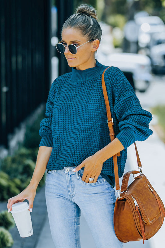Ribbed Detail Mock Neck Waffle Sweater - Absolute Fashion 2020