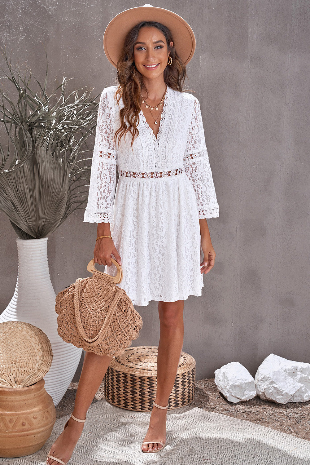 Lace V-Neck See-through Sleeve Mini Dress - Absolute Fashion 2020