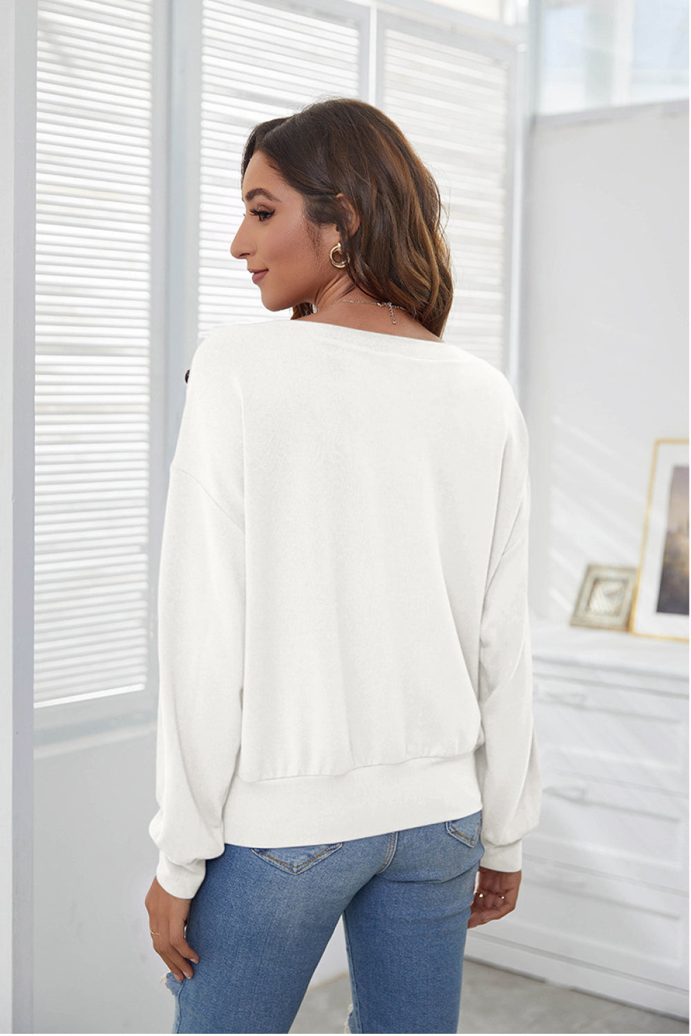 Decorative Buttons Off Shoulder Pullover