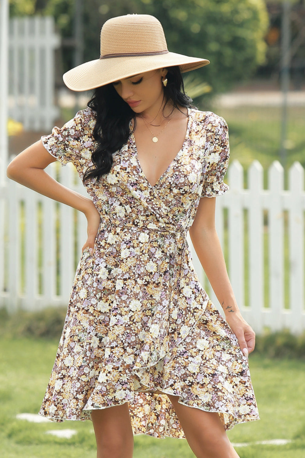 V-neck Irregular Floral Print Dress