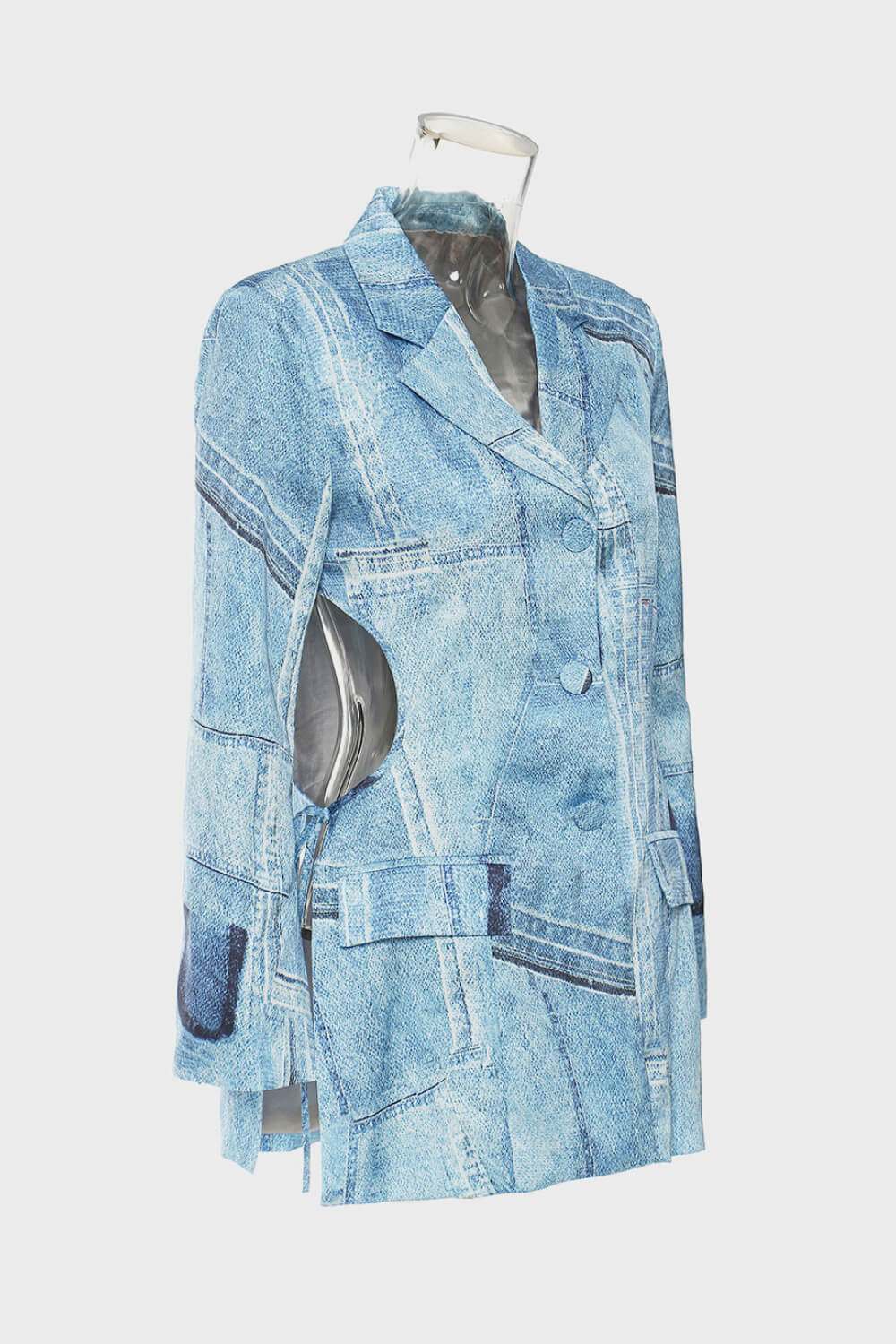 Cutout Singe-Breasted Patchwork Denim Blazer