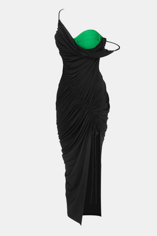 Ruched Spaghetti Strap Split Dress