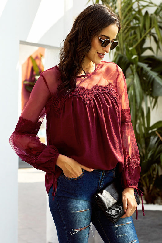 Contrast Sheer Mesh Lace Up Blouse - Absolute Fashion 2020