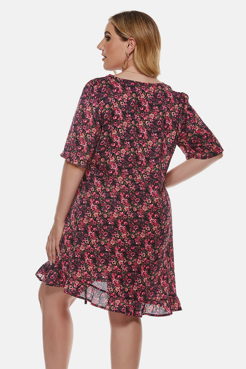 V Neck Floral Tie Waist Flounce Hem Dress - Absolute Fashion 2020