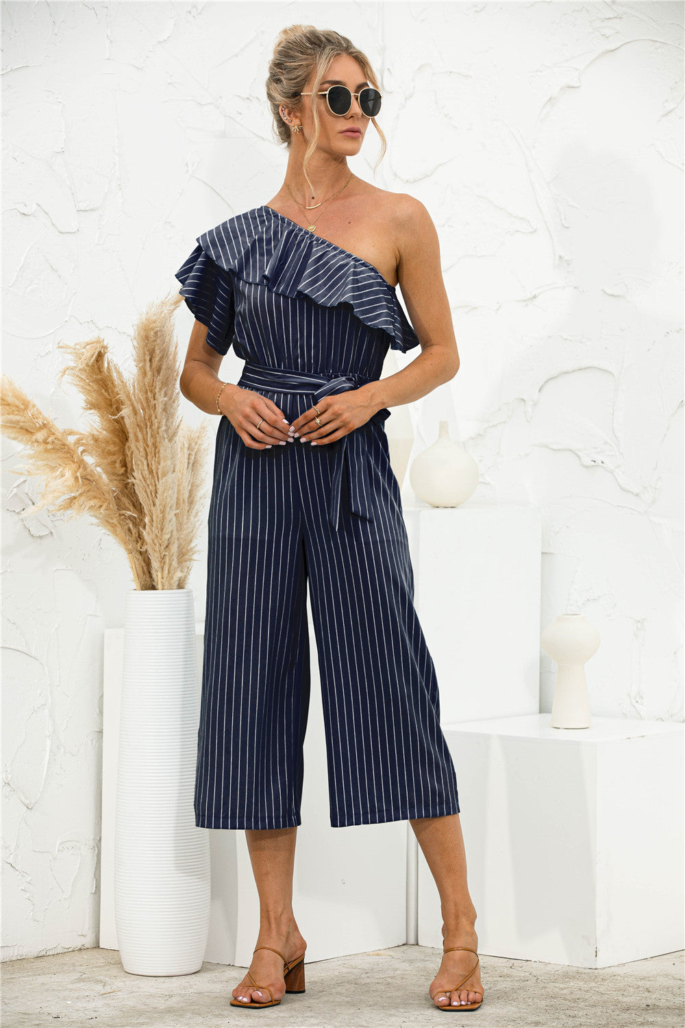 Asymmetric Neck Ruffle Trim Striped Jumpsuit - Absolute Fashion 2020