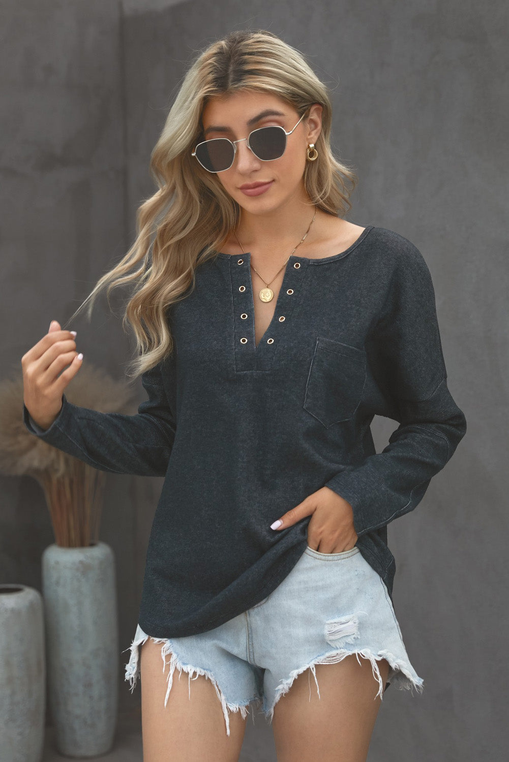 Grommet Long Sleeve V-Neck Top - Absolute Fashion 2020