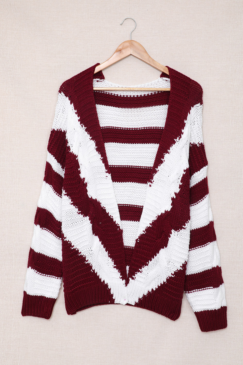 Two-Tone Striped Open Front Ribbed Trim Cardigan