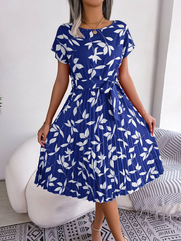 Printed Round Neck Short Sleeve Pleated Dress - Absolute fashion 2020