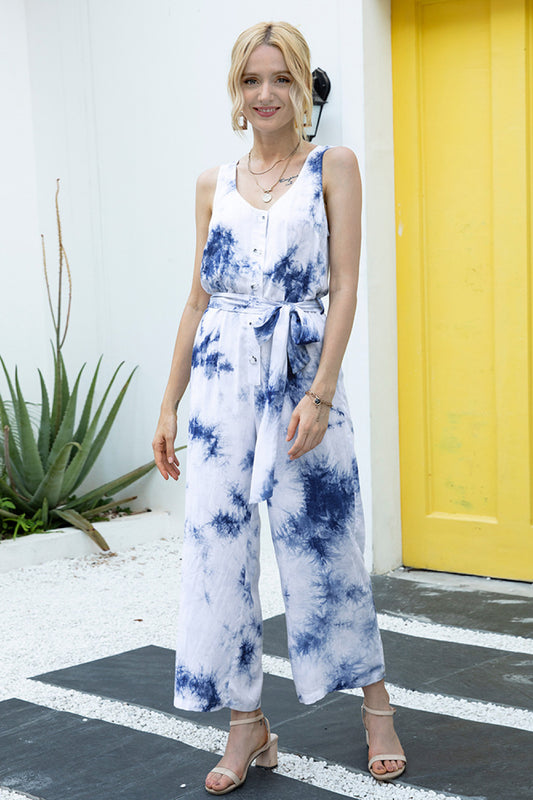 Tie-Dye Button Up Belt Jumpsuit - Absolute Fashion 2020