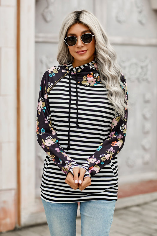 Striped Floral Print Long Sleeve Hoodie - Absolute Fashion 2020