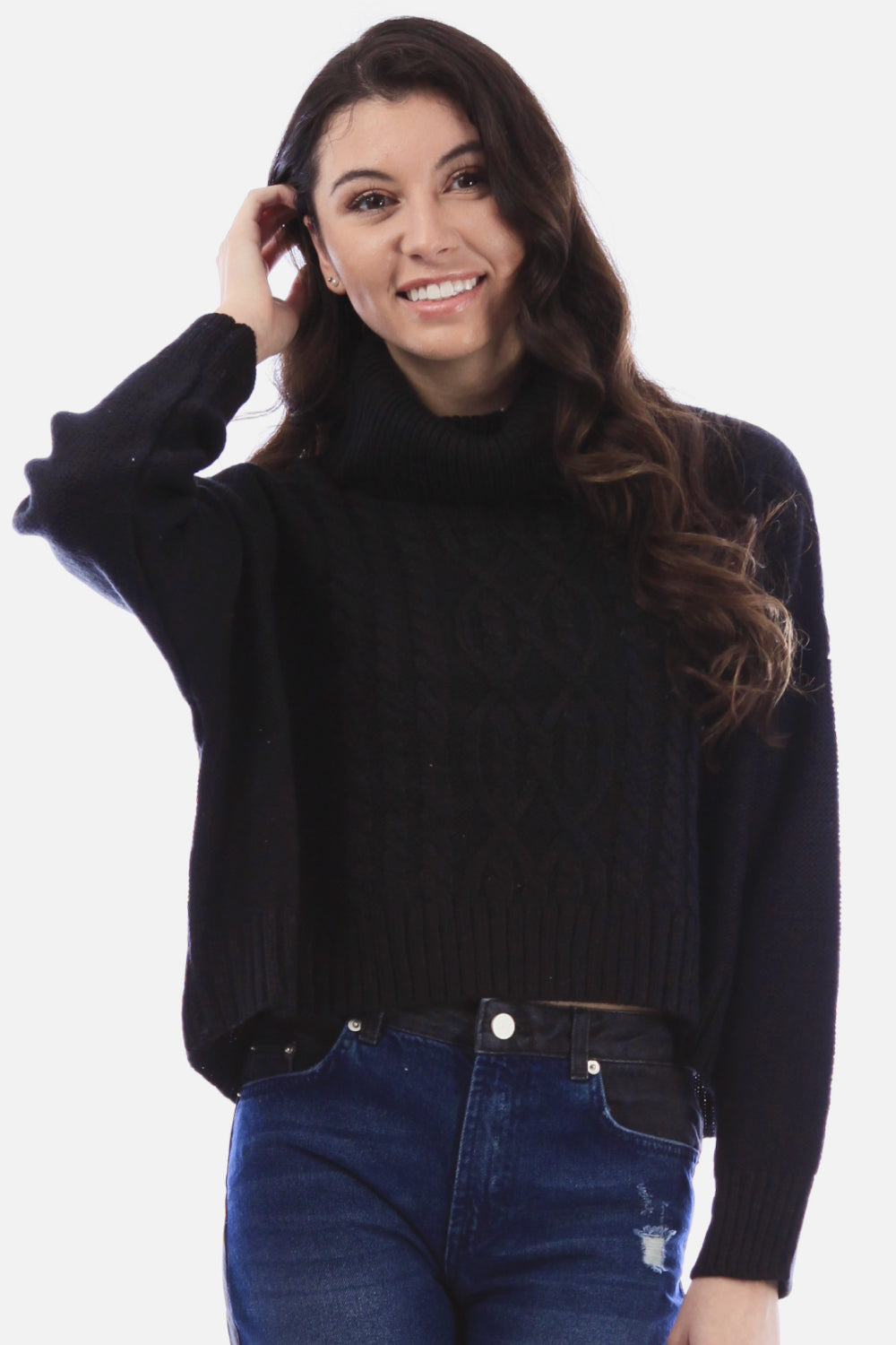 Solid Cable Trim Crop Sweater