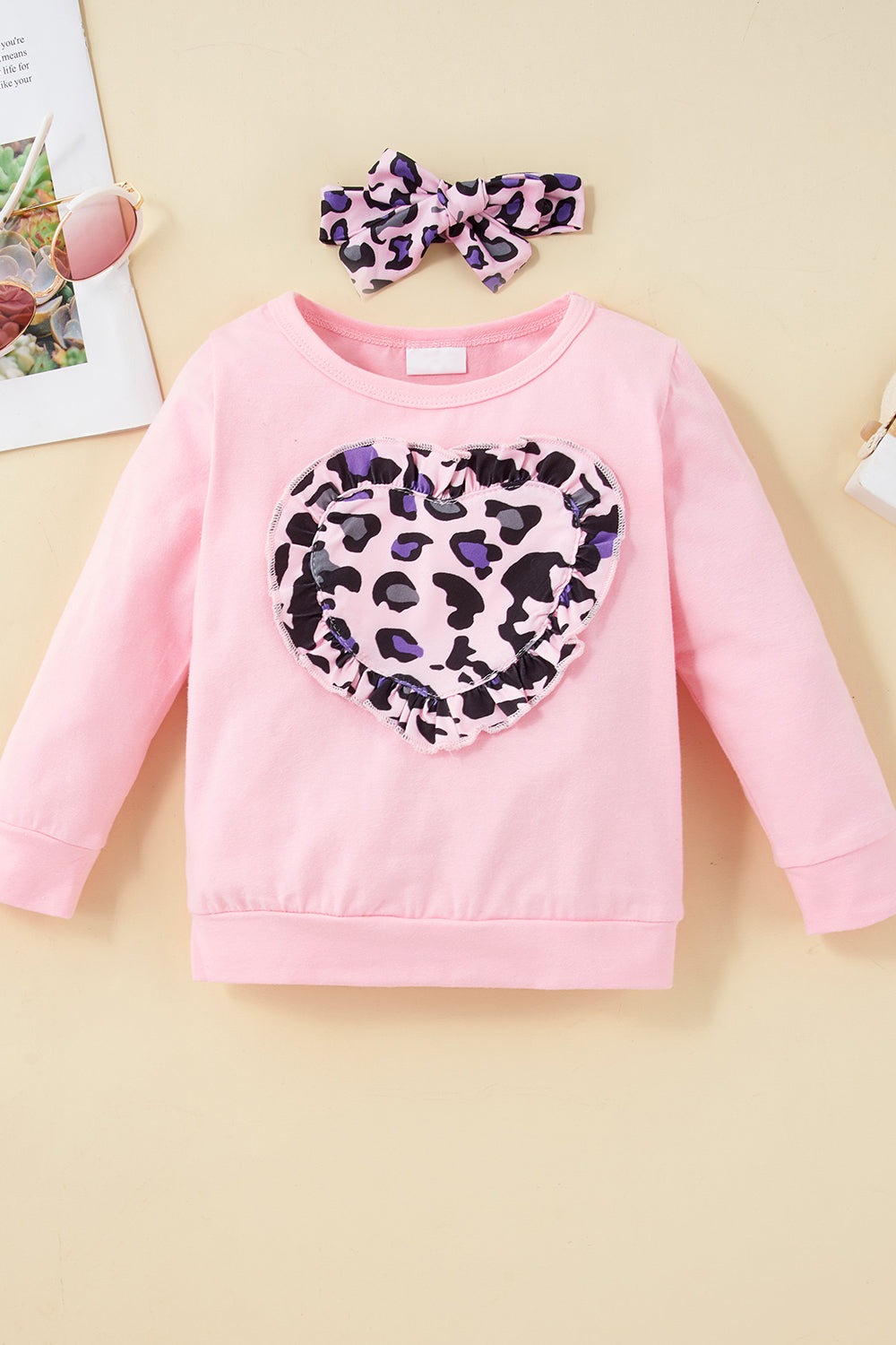 Girls' Leopard Print Heart Graphic Set with Bow