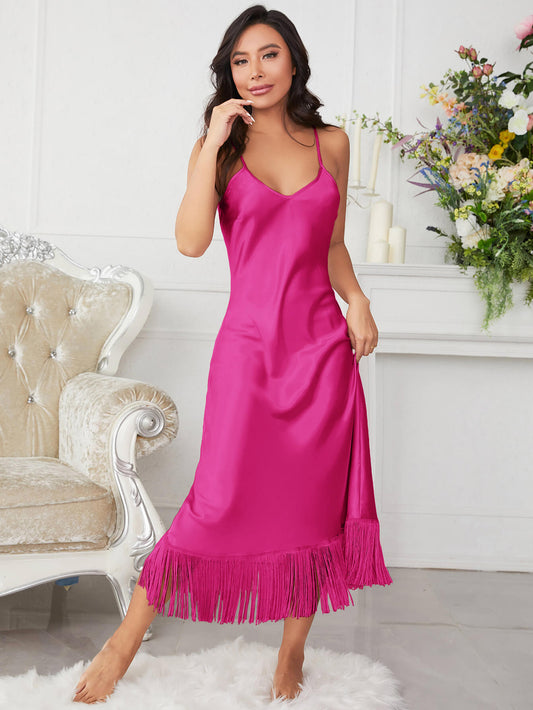 Spaghetti Strap V-Neck Ruffle Hem Satin Night Dress