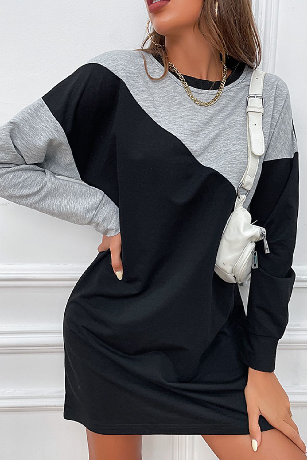 Two-Tone Round Neck Mini Dress