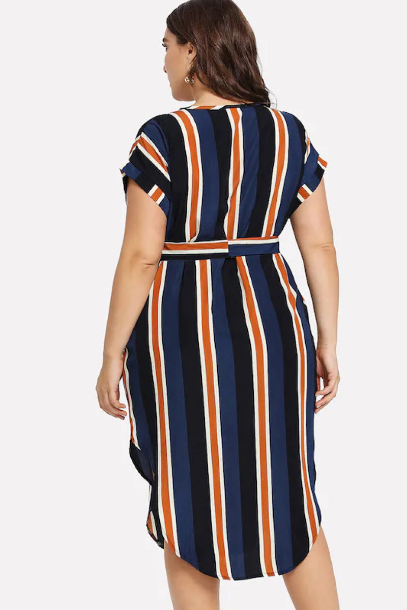 Striped V Neck Short Sleeve Belted Dress - Absolute Fashion 2020