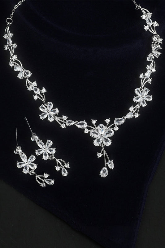 Flower Cubic Zirconia Necklace and Drop Earrings Set