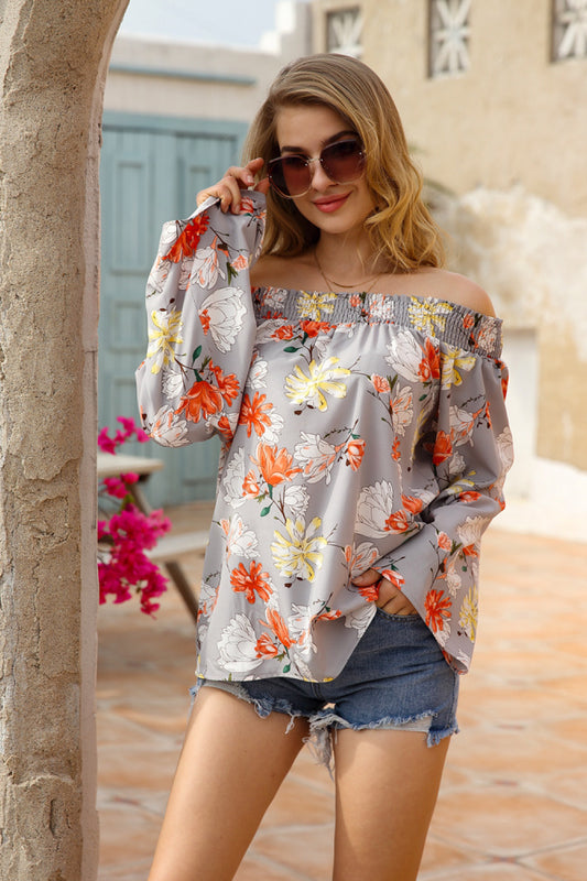 Floral Off-shoulder Long-sleeve Printed Shirt