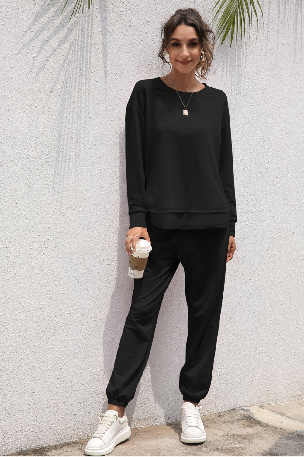 Double Hem Long Sleeve Top and Joggers Set - Absolute Fashion 2020