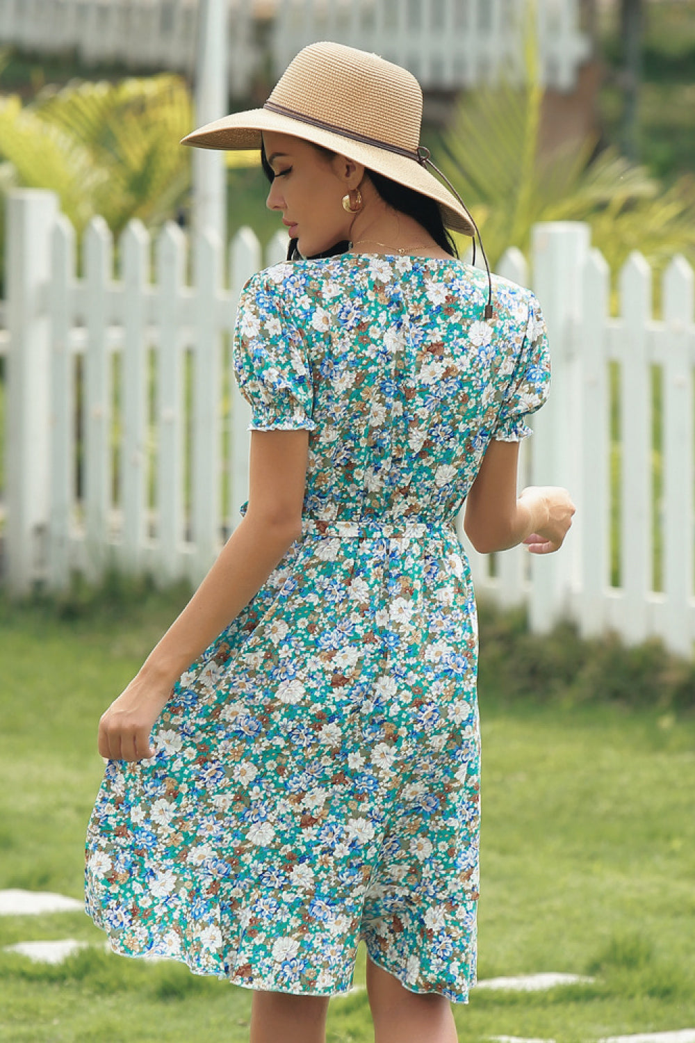 V-neck Irregular Floral Print Dress