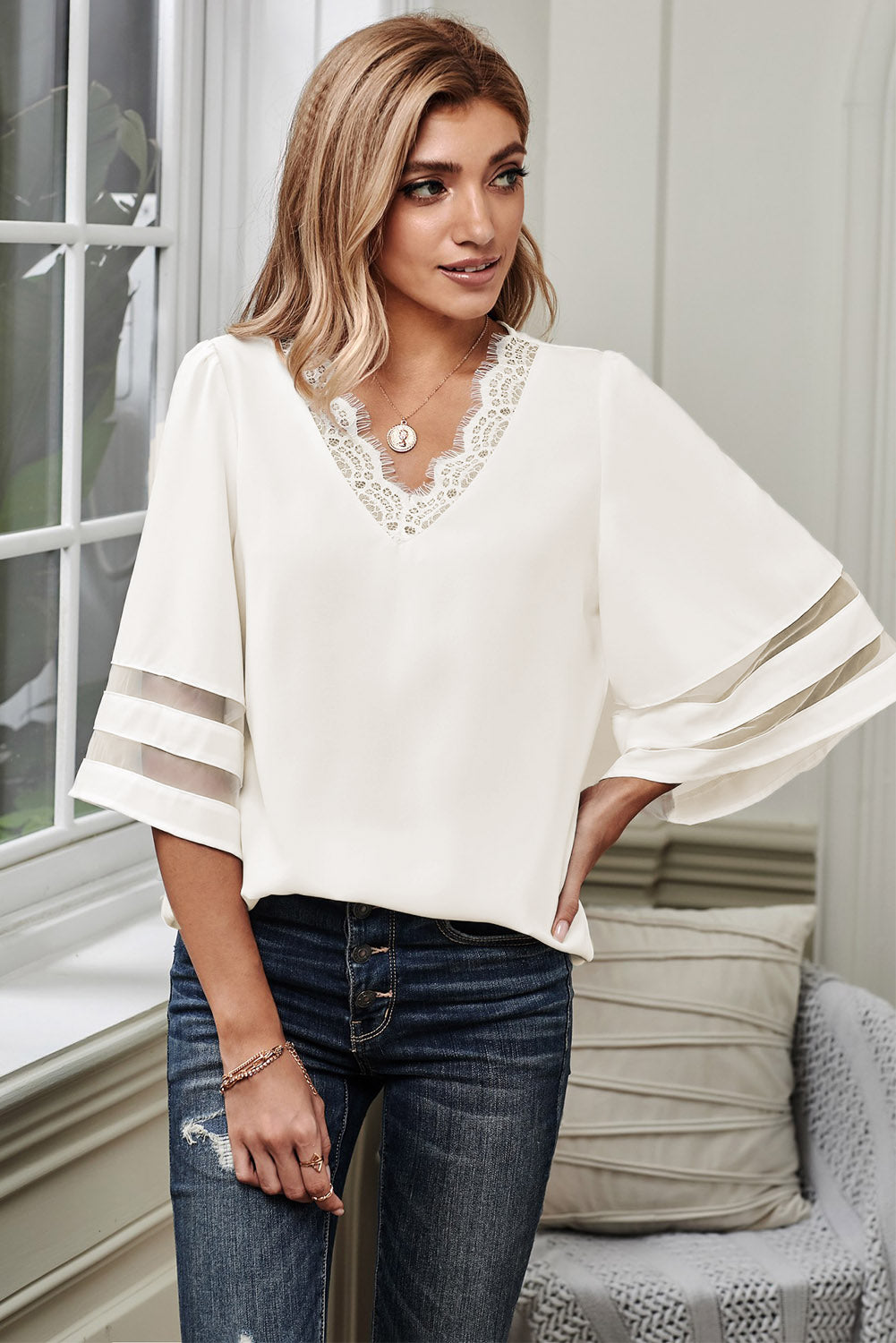 V Lace Neckline 3/4 Bell Mesh Sleeves Blouse - Absolute Fashion 2020