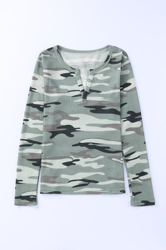 Camouflage Notched Waffle-Knit Top
