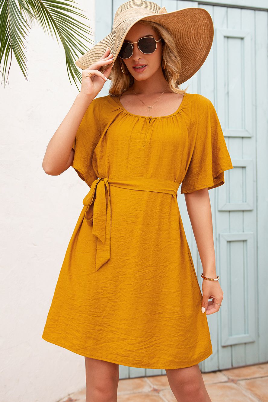 Butterfly Sleeve Belted Dress - Absolute Fashion 2020