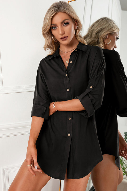 Solid Button Up Drop Shoulder Blouse - Absolute Fashion 2020