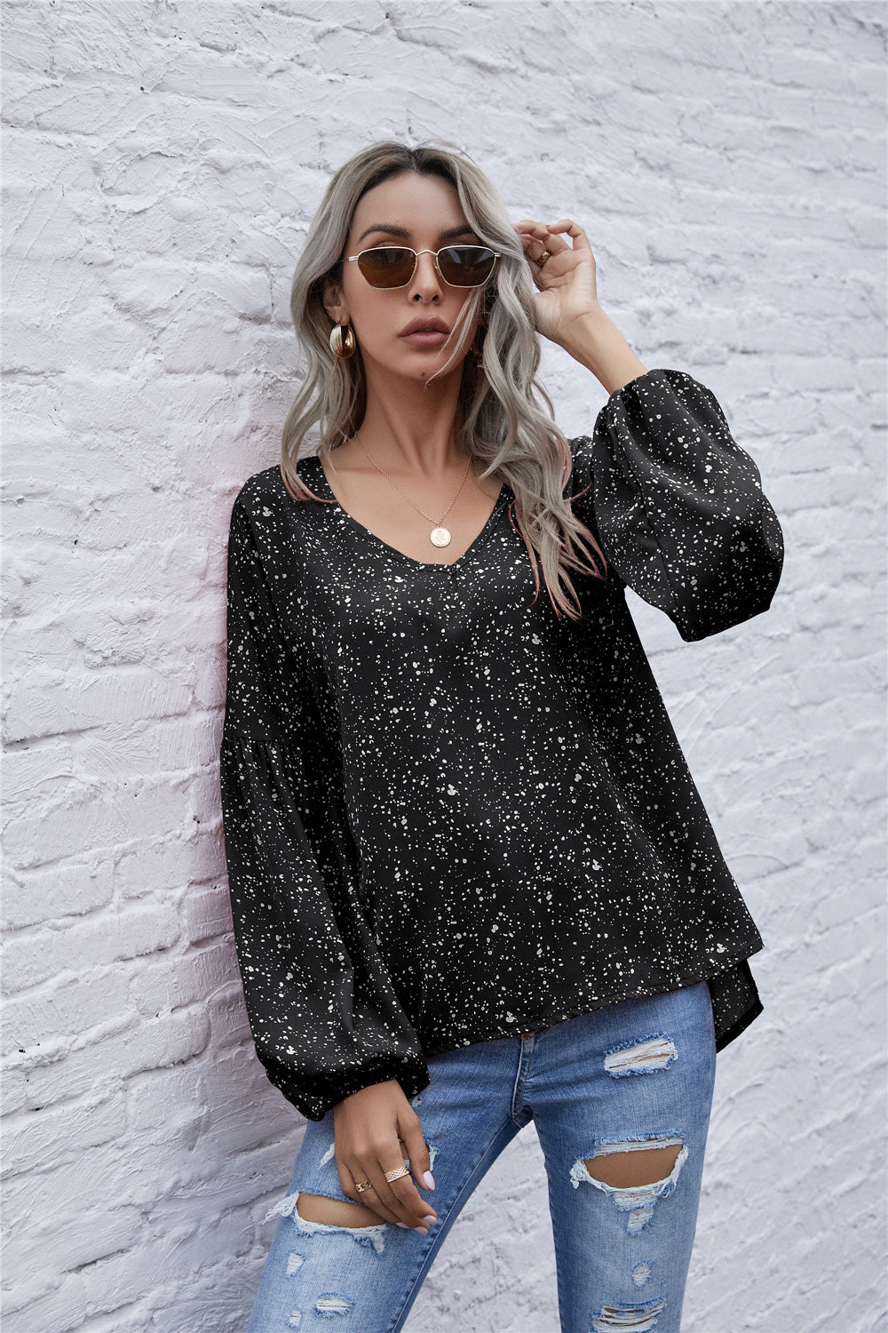 Dot Print Balloon Sleeve Blouse - Absolute Fashion 2020