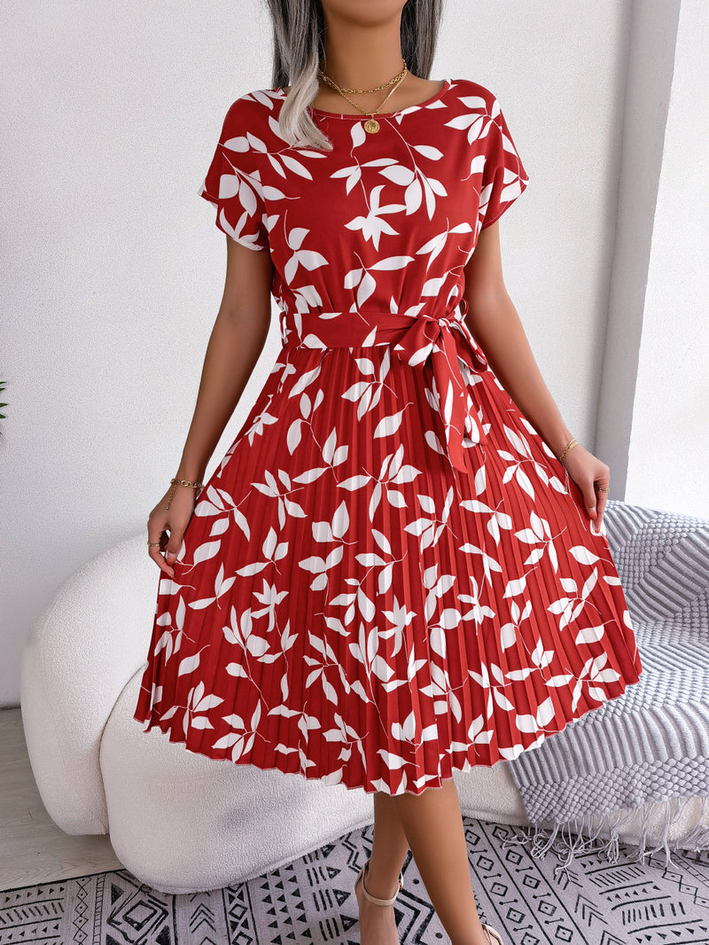 Printed Round Neck Short Sleeve Pleated Dress - Absolute fashion 2020