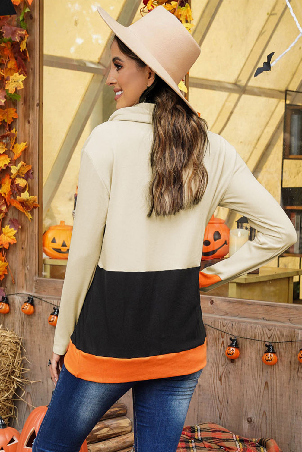 Halloween Print Color Block Drawstring Sweatshirt - Absolute Fashion 2020