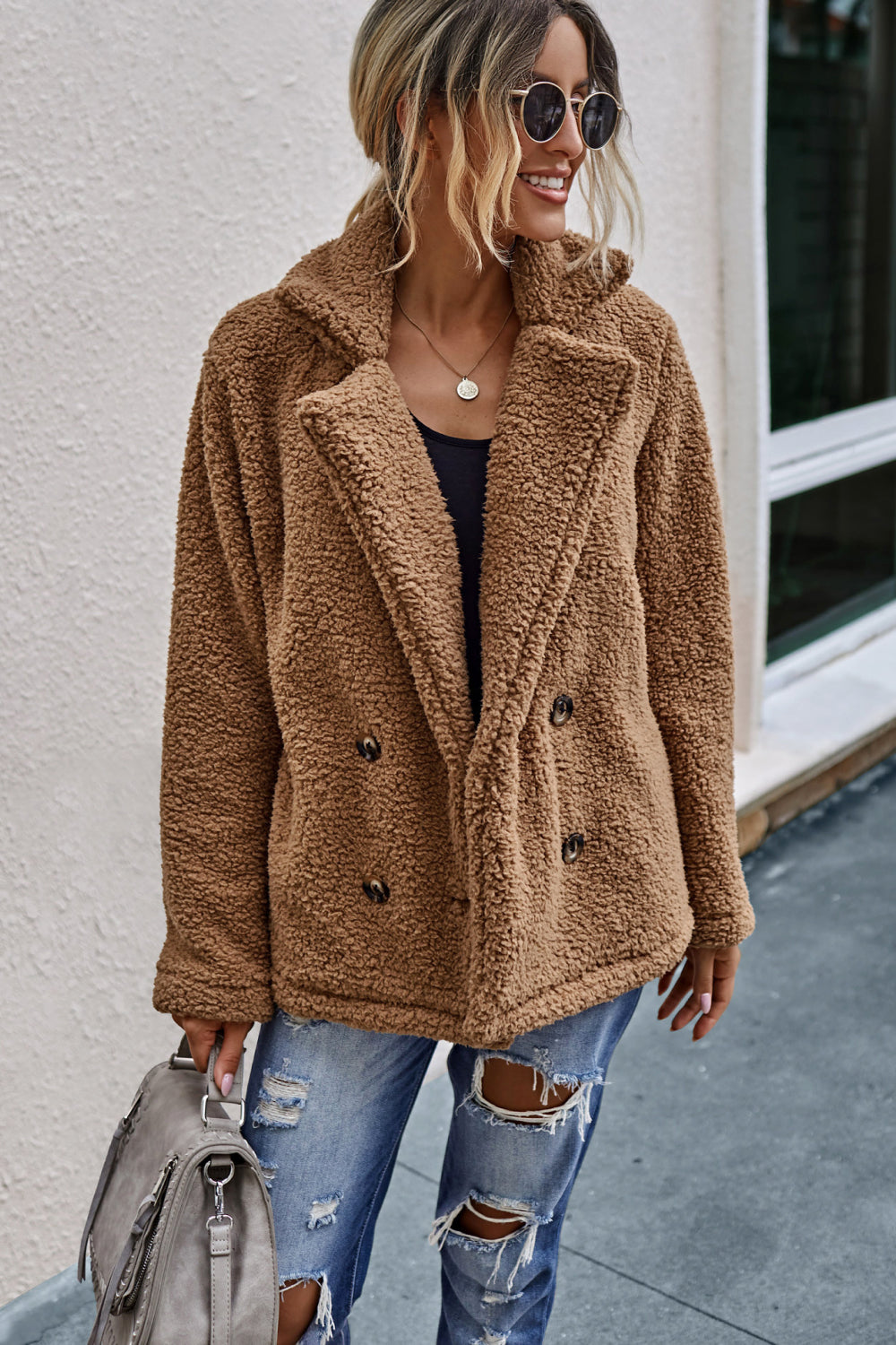 Double Button Lapel Collar Teddy Coat - Absolute Fashion 2020