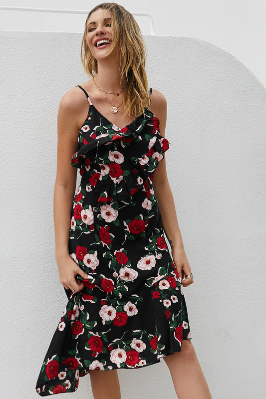 Ruffled Floral Asymmetrical Hem Dress - Absolute Fashion 2020