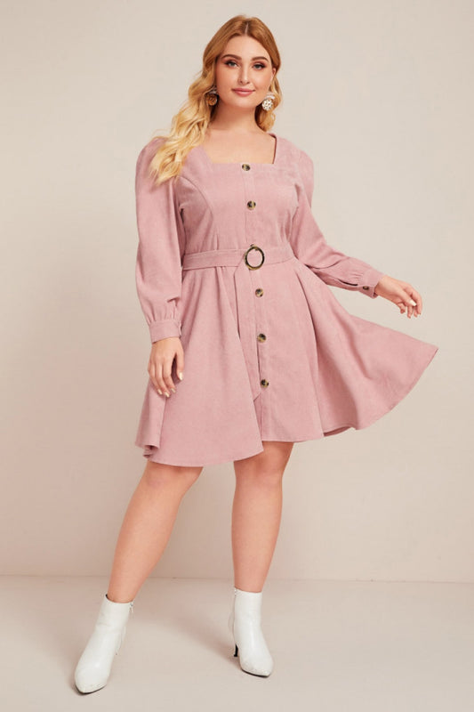 Square Neck Long Sleeve Button up A Line Dress - Absolute Fashion 2020