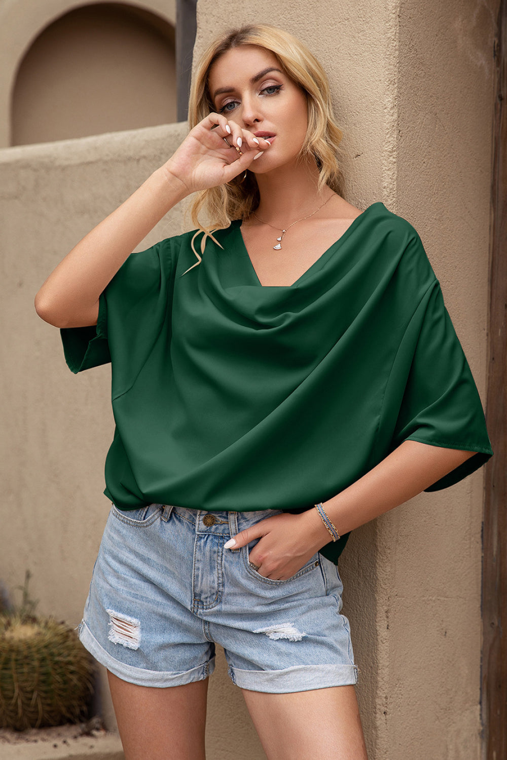Draped Neck Bating Sleeve Top - Absolute Fashion 2020