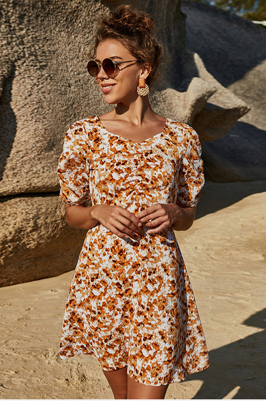 Floral V Neck Short Sleeve Dress - Absolute Fashion 2020