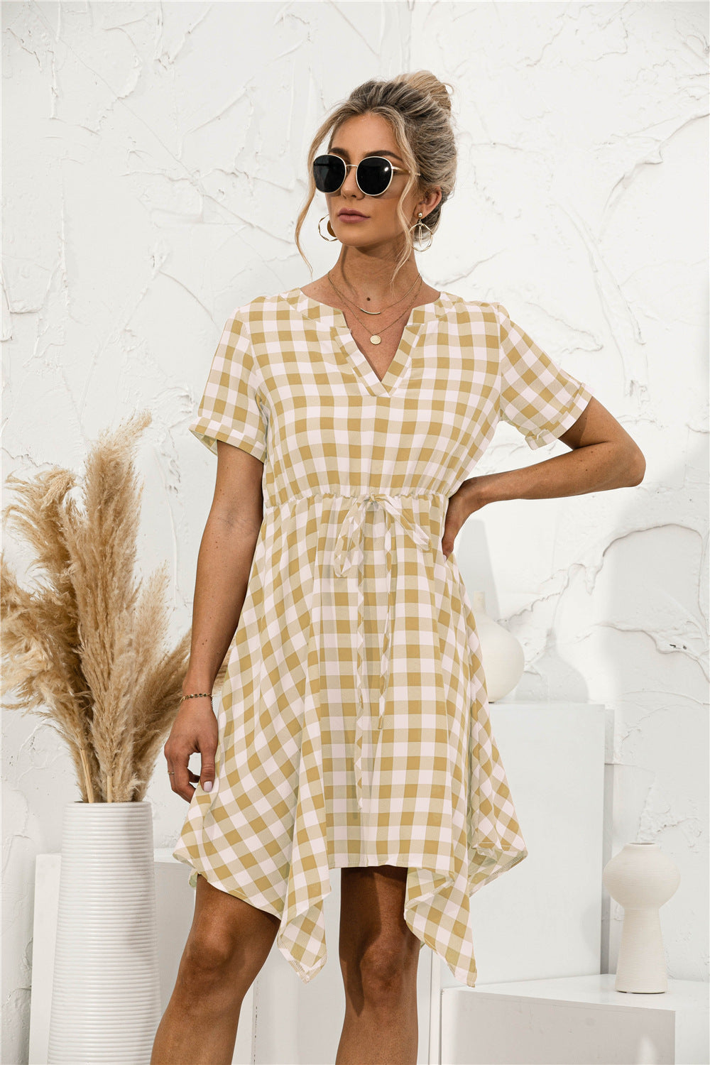 Plaid V-Neck Asymmetrical Trim Dress - Absolute Fashion 2020