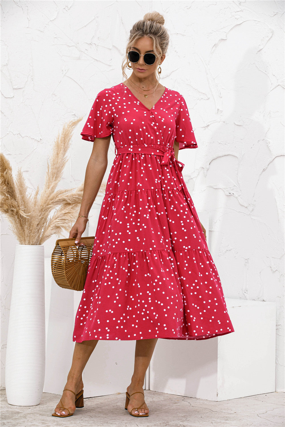 Polka Dot V Neck Belted Dress - Absolute Fashion 2020