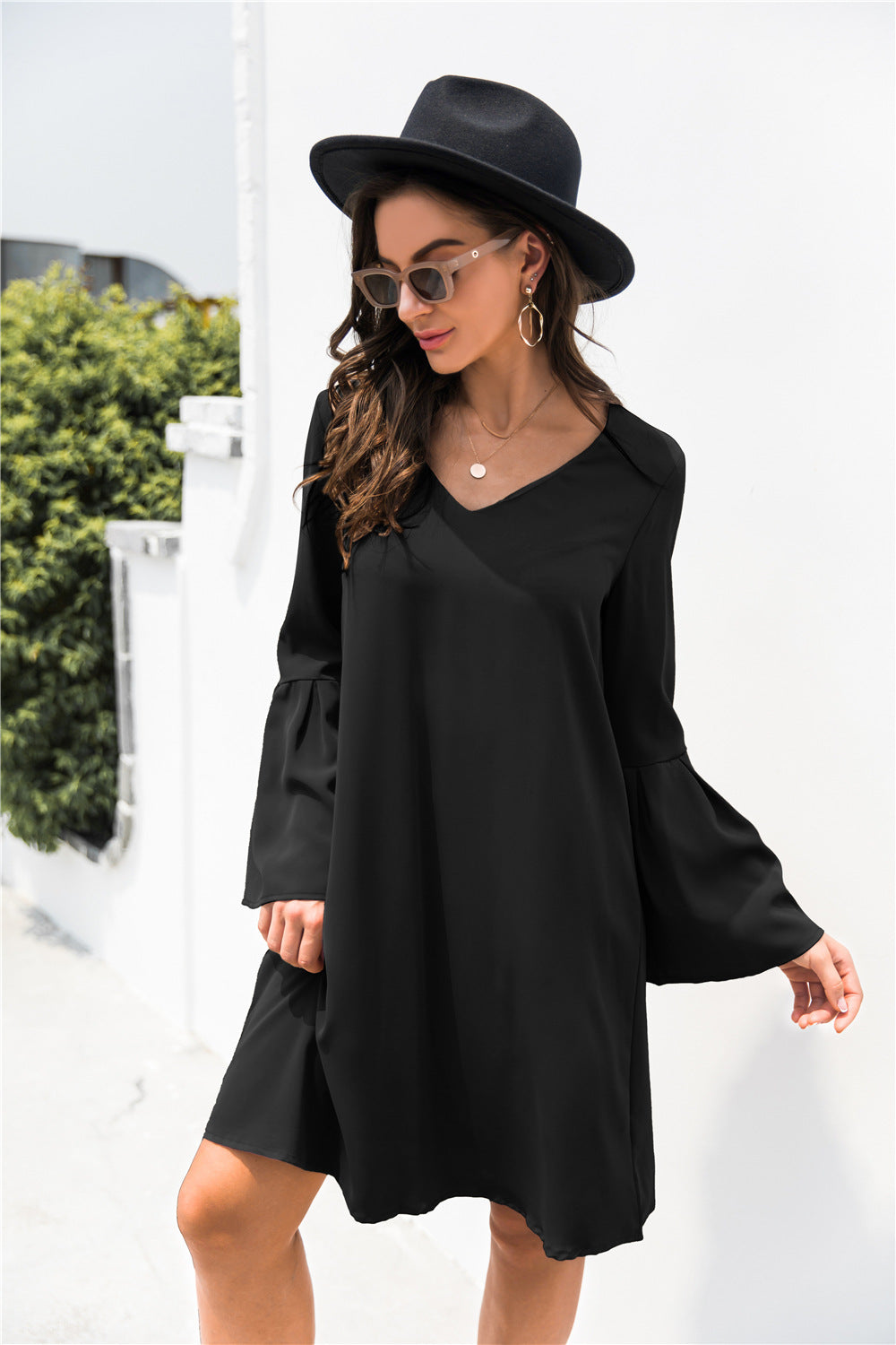 Trumpet Sleeve V Neck Dress - Absolute Fashion 2020